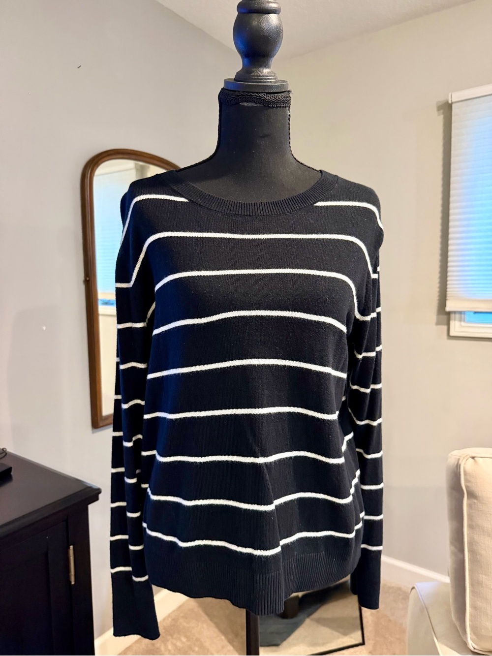 a new day Black and White Striped Crewneck Sweater